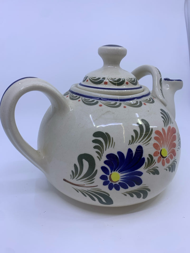 BLUE AND PINK FLORAL TEAPOT WITH EXTRA HANDLE.
