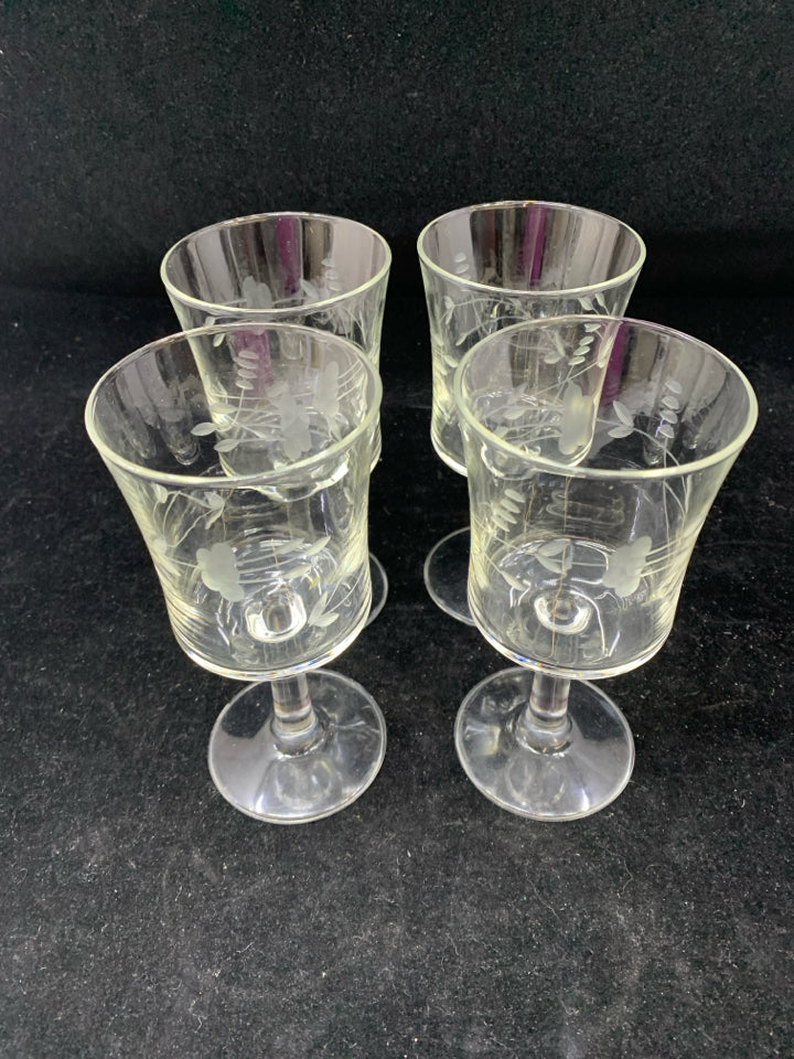 4 VTG FOOTED ETCHED CRYSTAL ICE TEA GLASSES.
