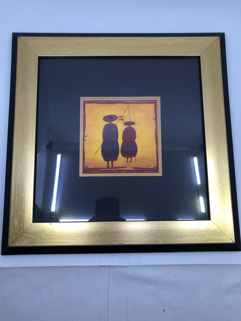 ABSTRACT PEOPLE FISHING IN GOLD AND BLACK FRAME.