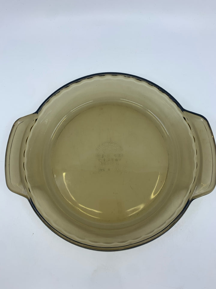 BROWN GLASS PIE DISH.