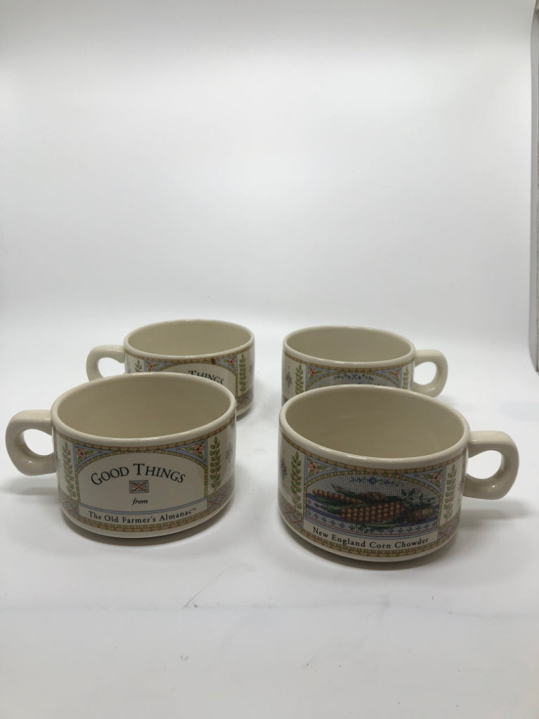 4 THE OLD FARMERS ALMANAC CERAMIC SOUP MUGS.