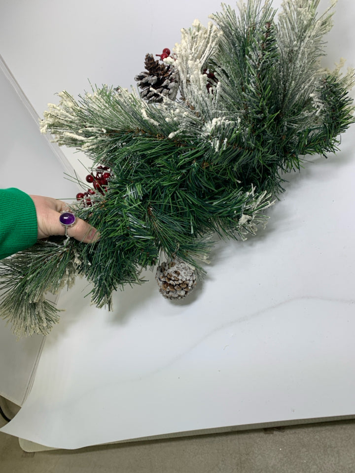 FROSTED PINE BRANCHES W/ BERRIES & PINECONES DOOR HANGER WREATH.