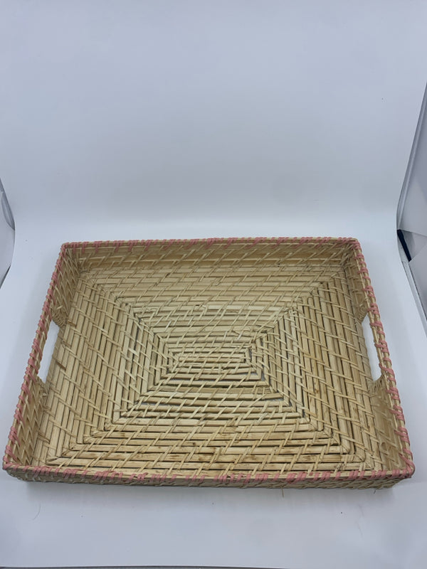 BLONDE WICKER BASKET TRAY W RED WRAP.