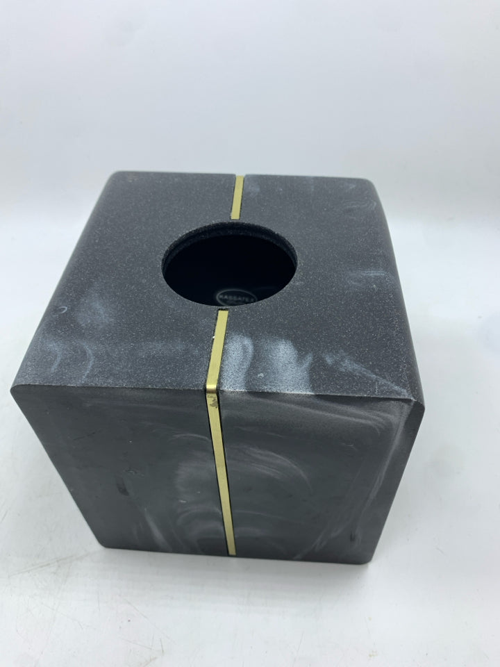 BLACK MARBLE TISSUE HOLDER W/GOLD ACCENTS.