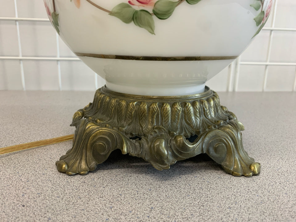 VTG MILK GLASS & ROSE HURRICANE PARLOR LAMP.
