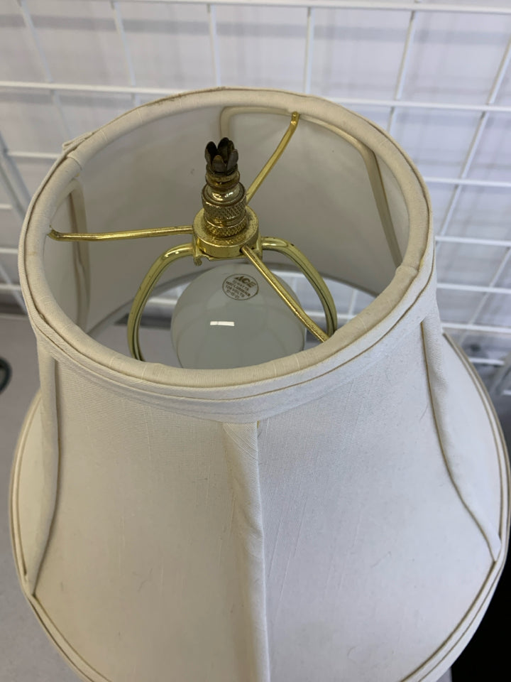 GLASS/GOLD BASE LAMP W/CREAM SHADE.