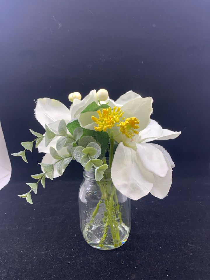 MASON JAR W/2 FAUX WHITE FLOWERS IN FAUX WATER.