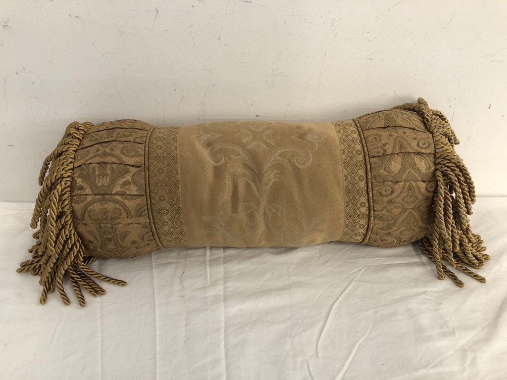 BROWN ROLL PILLOW W/FRINGE.