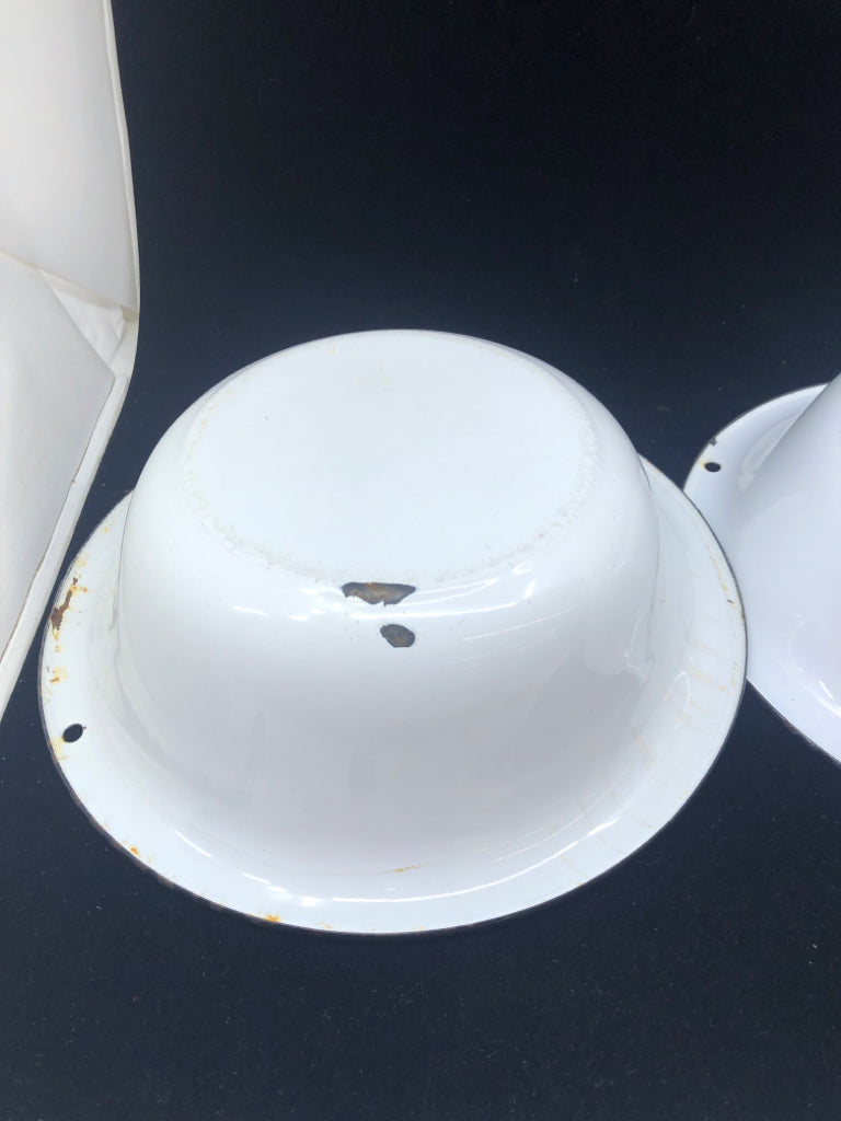 2 WHITE METAL ENAMEL BOWLS.