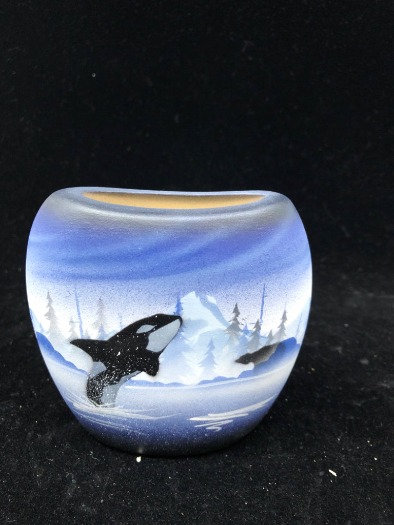 BLUE WIDE VASE W WHALES.
