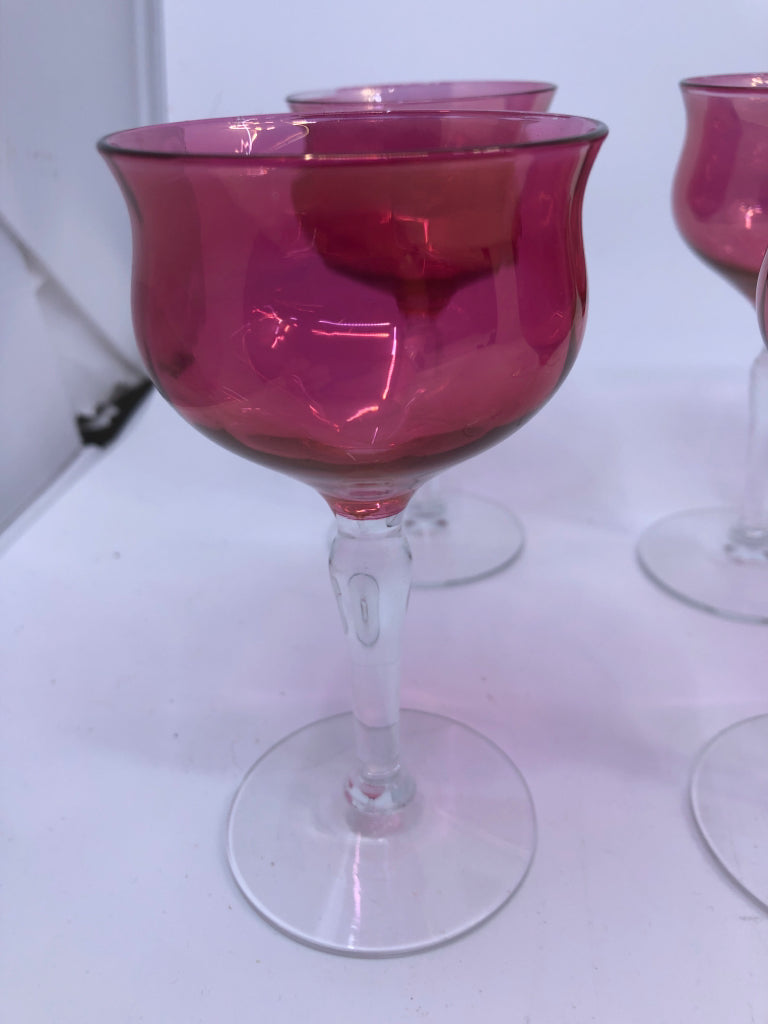 8 SMALL CLEAR STEM/ PINK TULIP WINE GLASSES.