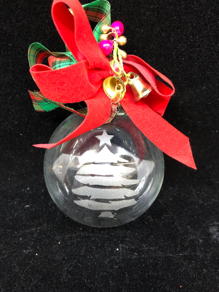 PRINCESS HOUSE GLASS ETCHED TREE ORNAMENT WITH PLAID BOW.