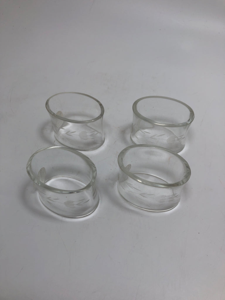 4 GLASS ETCHED NAPKIN HOLDERS.