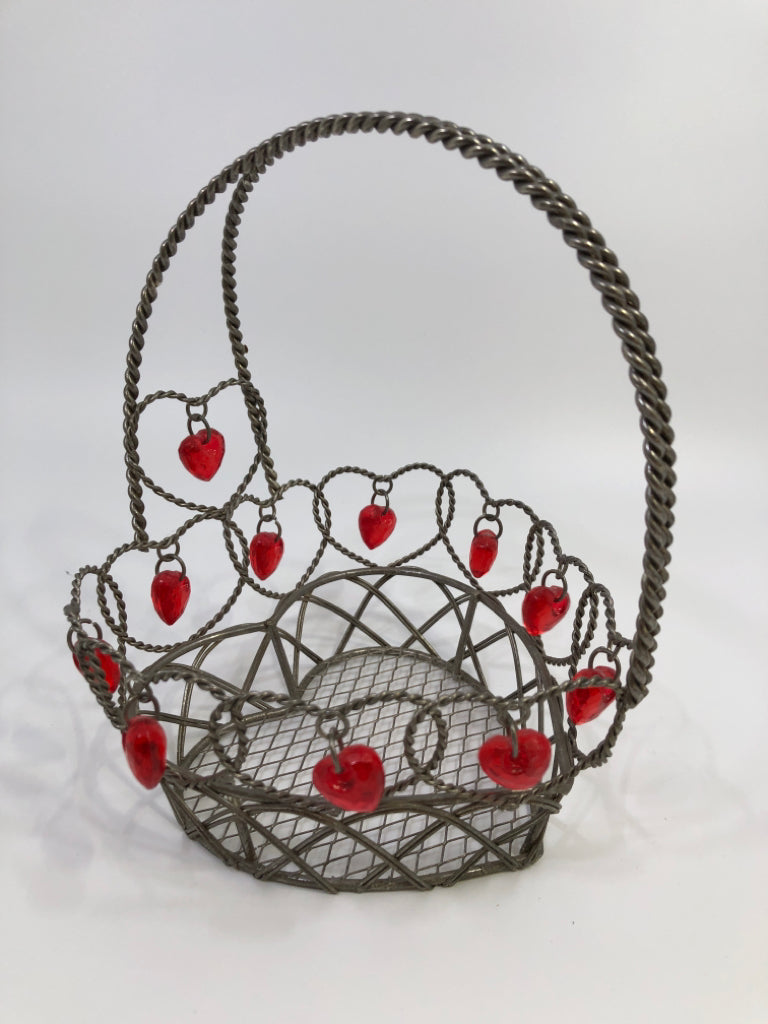 WIRE HEART BASKET W/RED HEARD BEADS.