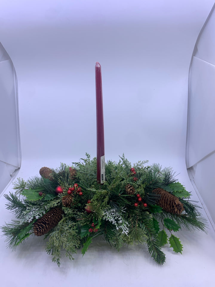 FAUX PINE ARRANGEMENT W CANDLES.