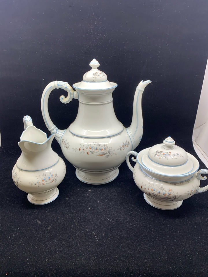 3 PC FLORA TEA SET: TEAPOT, CREAM + SUGAR.