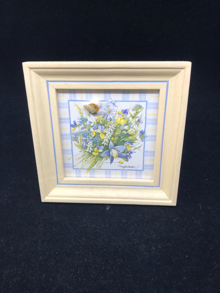 BLUE AND YELLOW FLORAL W BUTTERFLY IN CREAM FRAME WALL HANGING.