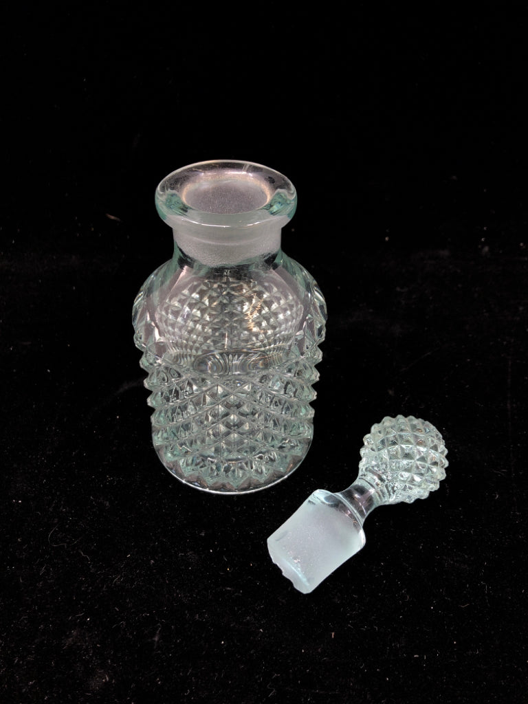 AQUA BLUE ENGLISH HOBNAIL STYLE GLASS EMPTY BOTTLE W/STOPPER.