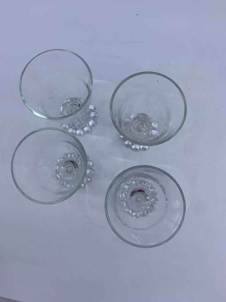 4 VTG GLASS BEAD BOTTOM FOOTED GLASSES.