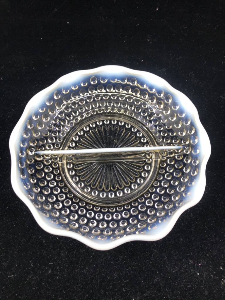 VTG CLEAR HOBNAIL DIVIDED DISH W/ WHITE EDGE.