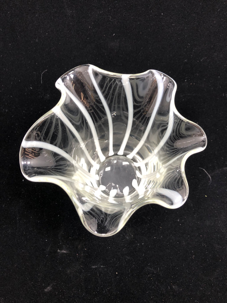 WHITE-STRIPE GLASS RUFFLED-EDGE VASE.