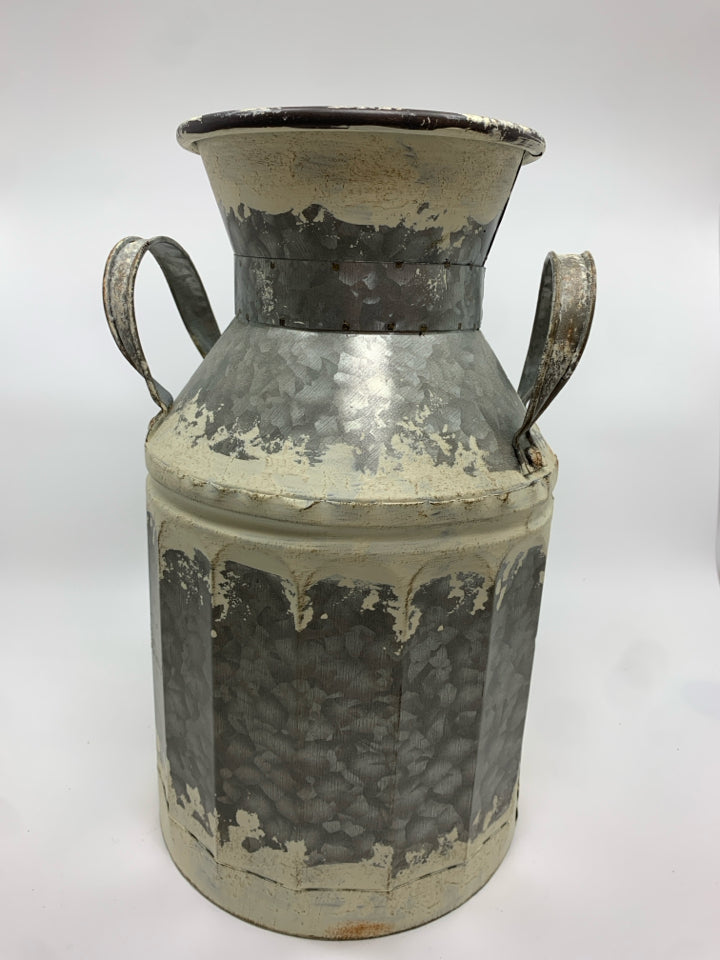 WHITE WASHED TIN MILK BUCKET DECOR.