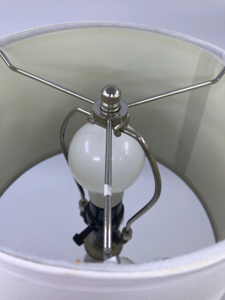 SILVER BASE LAMP W/ WHITE SHADE.