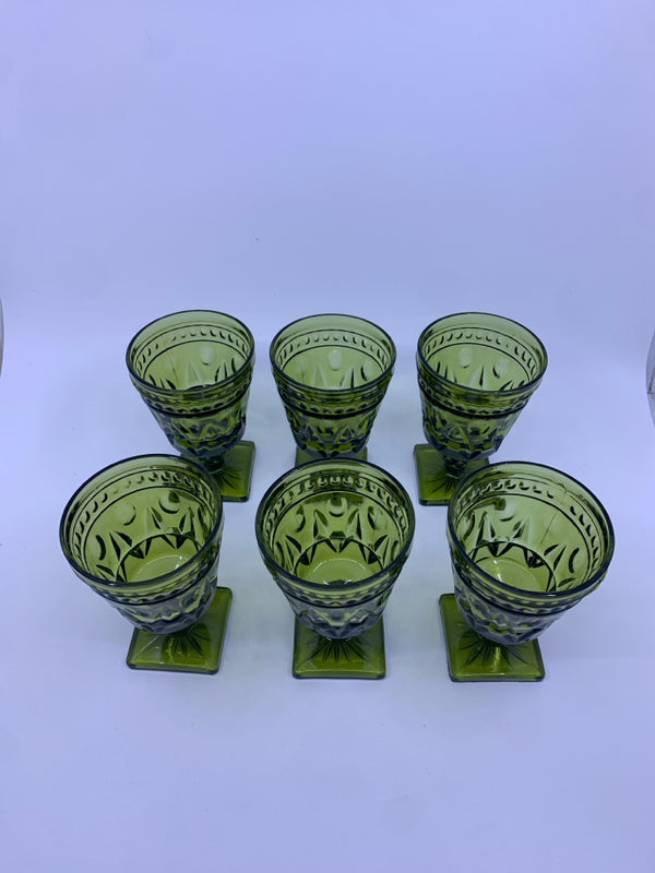 6 VTG GREEN GLASS GOBLETS.