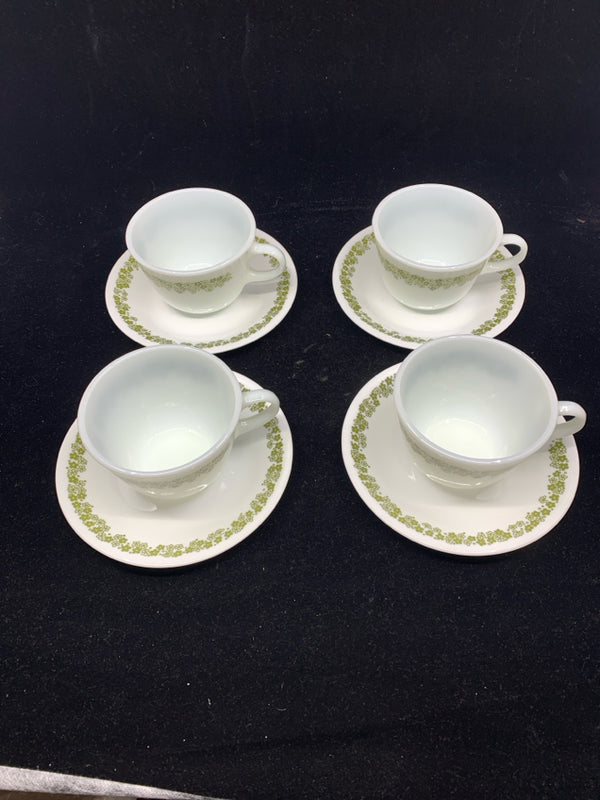 4 VTG PYREX GREEN FLORAL MUGS AND SAUCERS