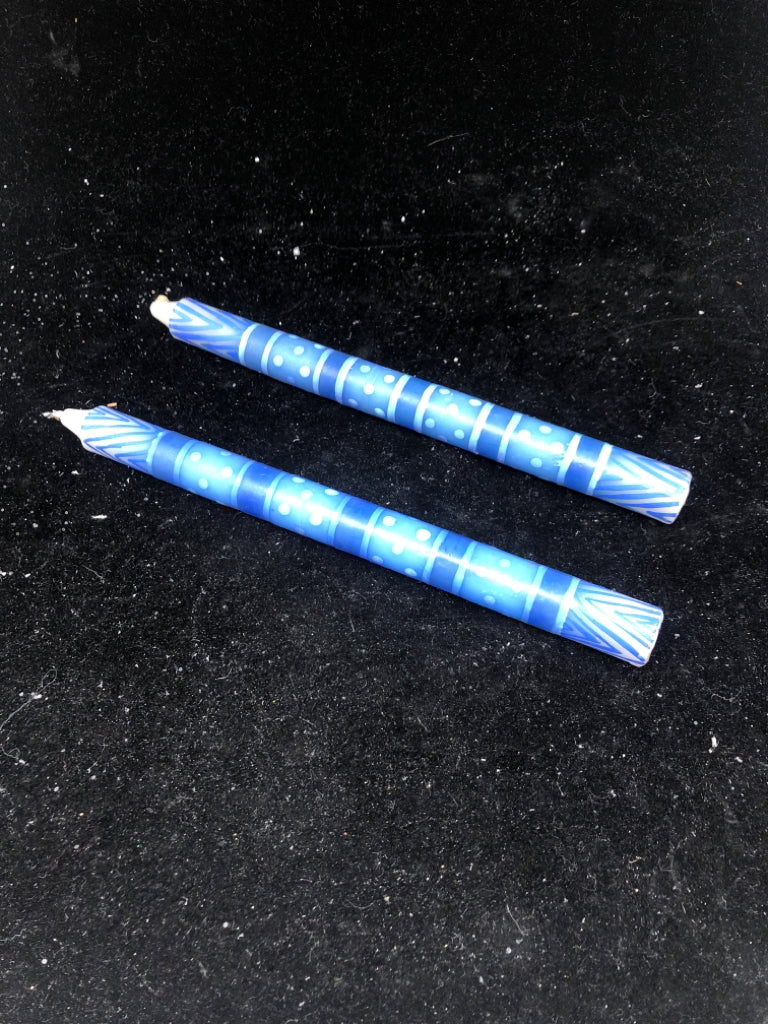 2 BLUE TAPER CANDLES.
