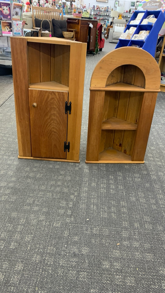 2PC VTG WOOD CORNER SHELF W/ 4 SHELVES, CABINET.