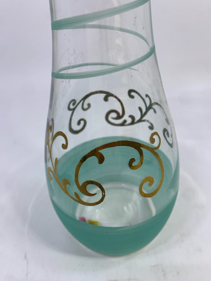 CLEAR VASE W/TEAL&GOLD PATTERN.