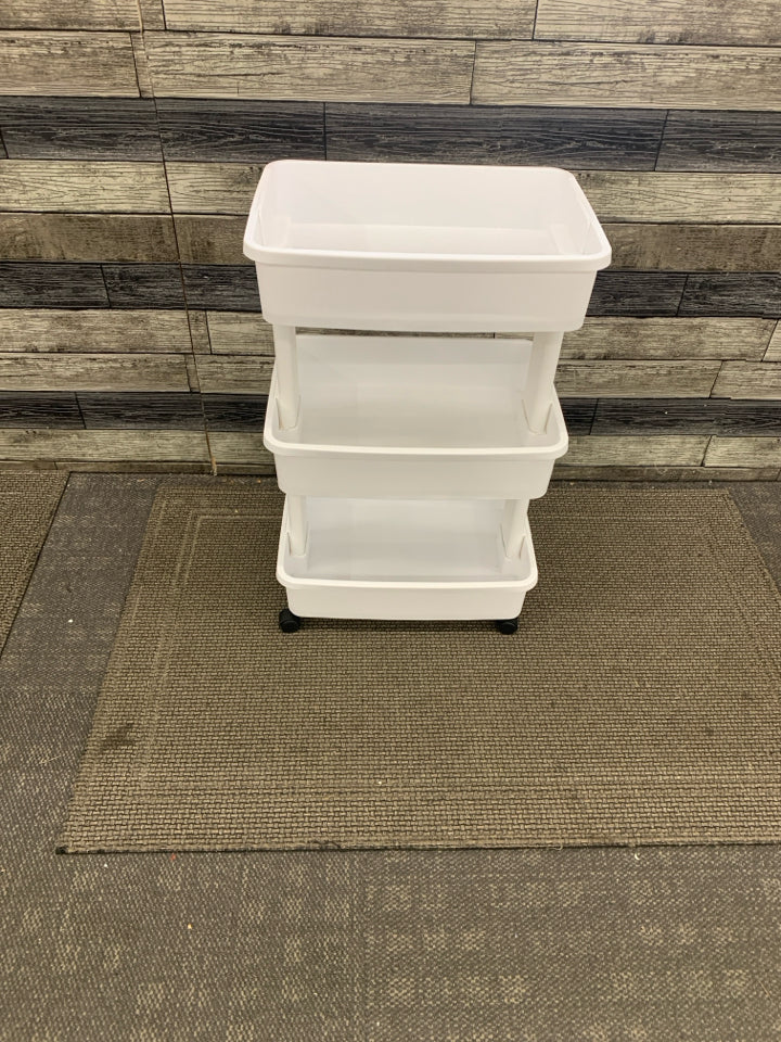 3-TIER WHITE PLASTIC ROLLING CART.