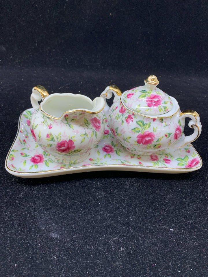 3 PIECE PINK ROSE PATTERN SUGAR AND CREAMER W/ TRAY.