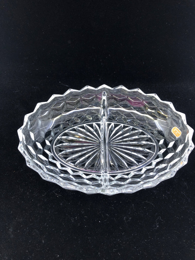 DIVIDED FOSTORIA GLASS SERVING DISH.