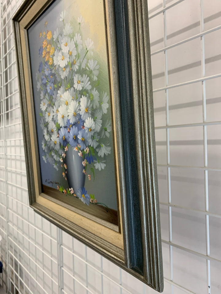 VTG PAINTED BLUE BOUQUET IN FRAME.