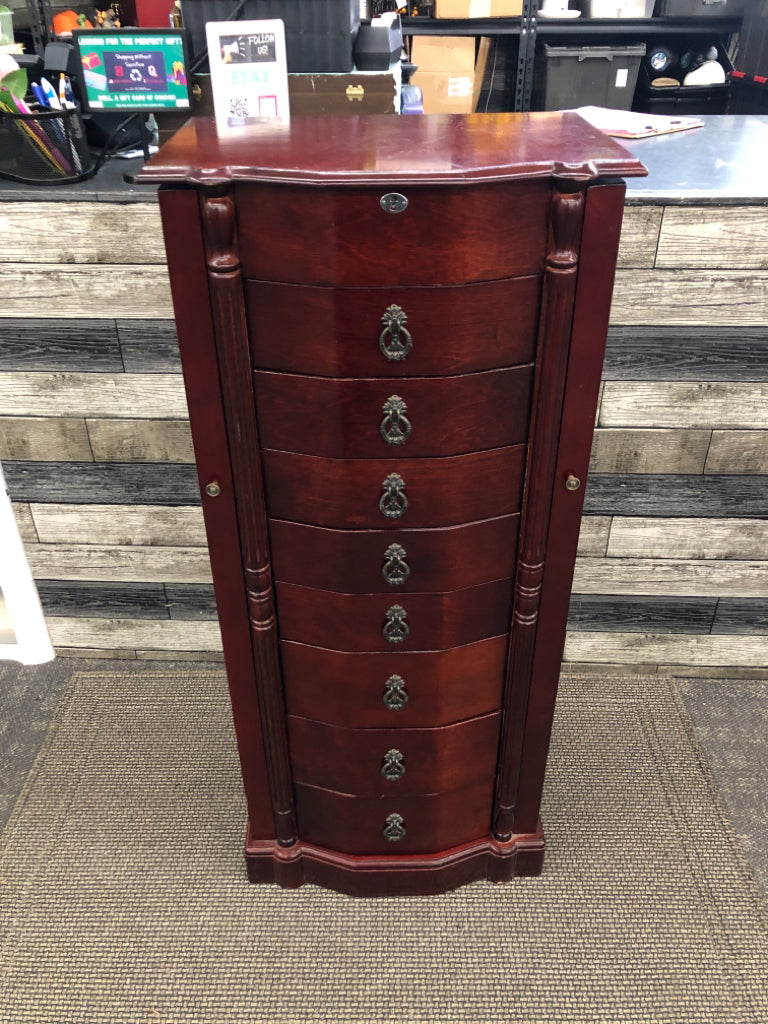 CHERRY WOOD 8-DRAWER LOCKING ARMOIRE W/SIDE DOORS.