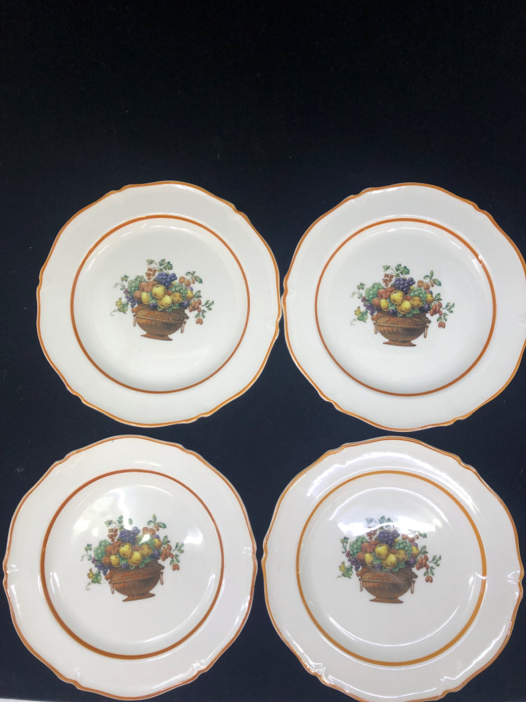 4 VTG FRUIT BASKET DESSERT PLATES.
