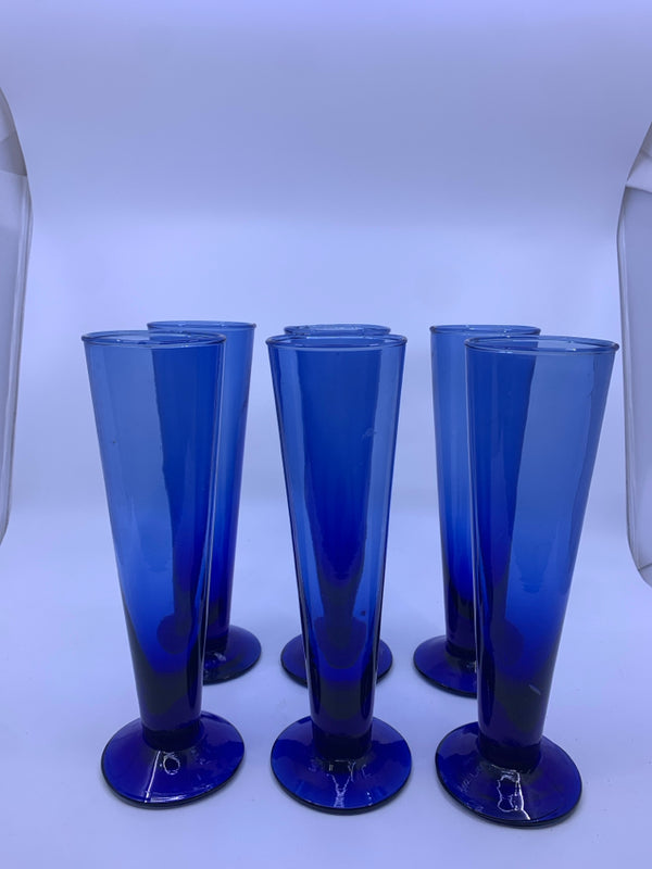 6 BLUE GLASS FLARED GLASSES.