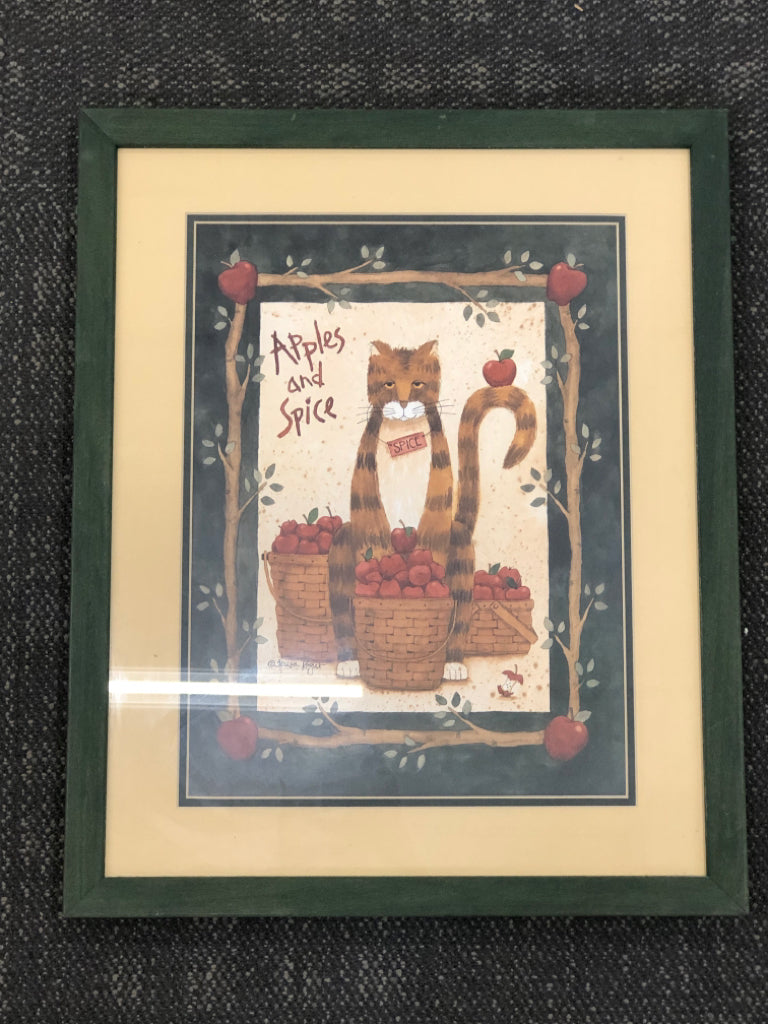 APPLES & SPICE PRIMITIVE CAT PRINT IN GREEN FRAME.
