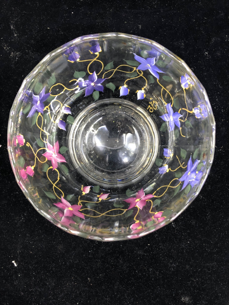 FOOTED GLASS BOWL W PINK AND PURPLE FLORAL.