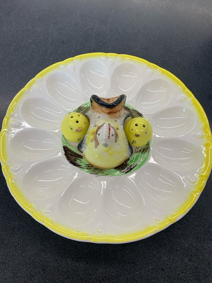 ROOSTER AND CHICK DEVILED EGG DISH W/SALT AND PEPPER SHAKERS.