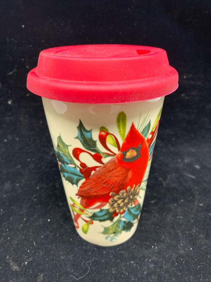 LENOX CARDINAL CERAMIC TRAVEL MUG.