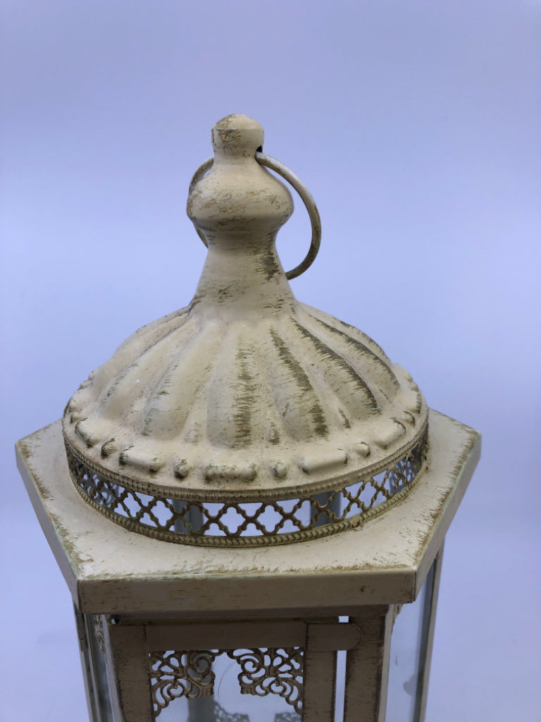 CREAM DISTRESSED GLASS PANES LANTERN 14 "h X 6" X 6"
