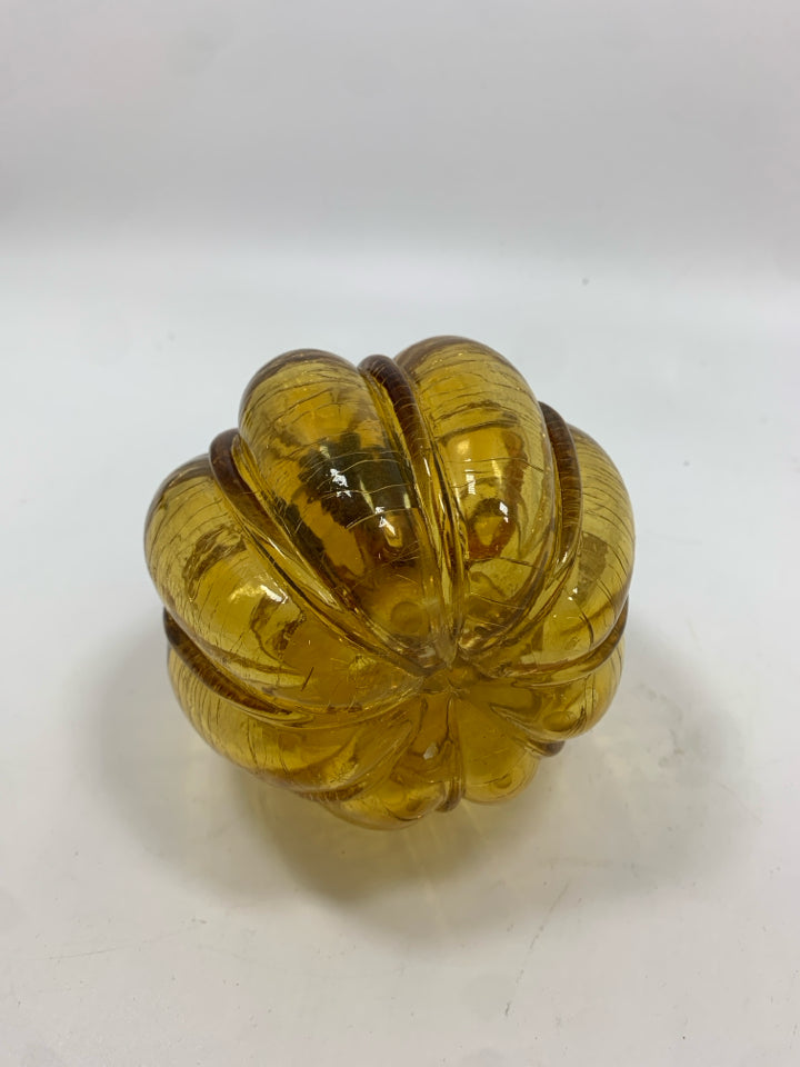 AMBER GLASS BLOWN PUMPKIN W/SPIRAL GLASS STEM.
