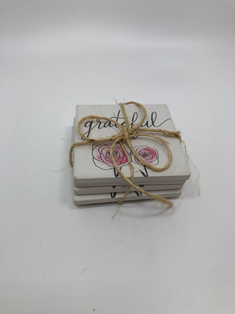 4 PINK ROSE GRATEFUL CERAMIC COASTERS.