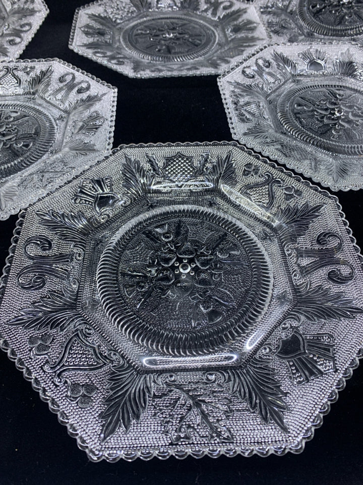 6 VTG PRESSED GLASS HEXAGON SHAPED DESSERT PLATES.