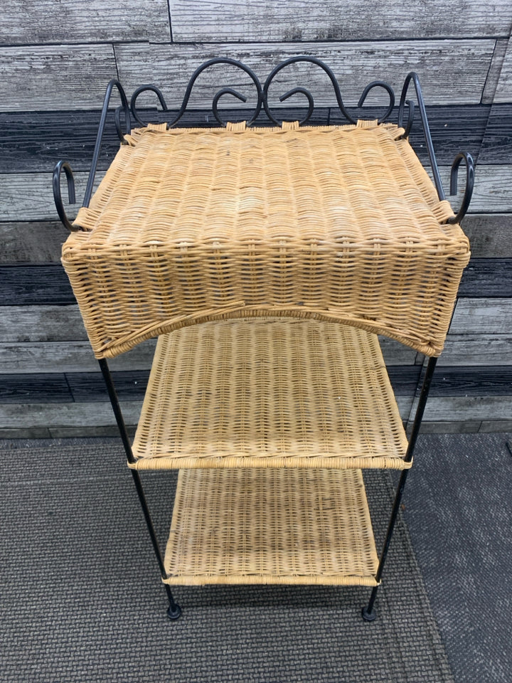 3 TIER WOVEN SIDE TABE W BLACK METAL.