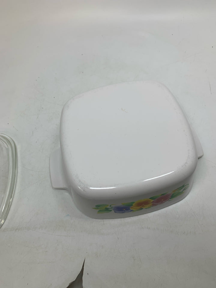 CORNING WARE SUMMER BLUSH PANSY PATTERN CASSEROLE DISH W/ LID.