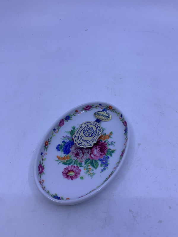 VTG WHITE CERAMIC RED/BLUE/PINK FLOWERS JEWELRY PLATE.